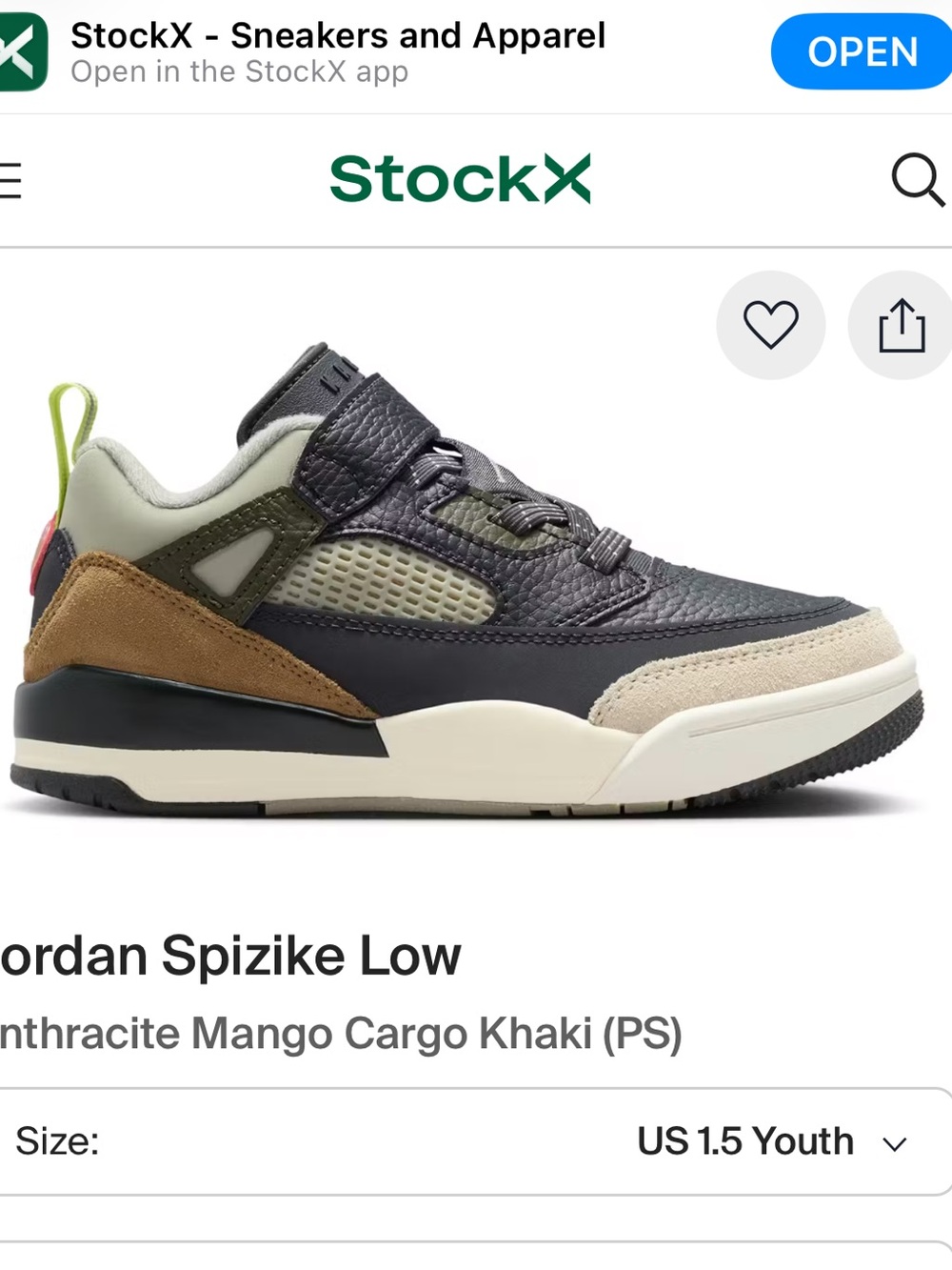 Jordan Spizike Low Anthracite Mango Cargo Khaki shoes 7.5